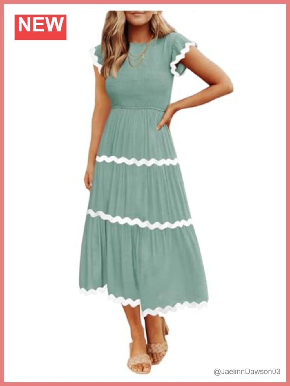 Smocked Flowy Midi Dress Short Flutter Sleeve A-Line Casual